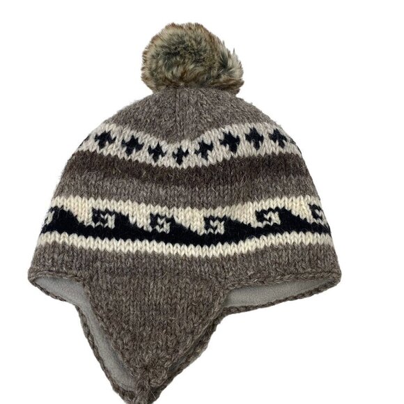 Nepal Wool Hat Brown Knit Ear Flaps with Pompoms Fleece Lined by Sijjl NWT - Picture 5 of 10